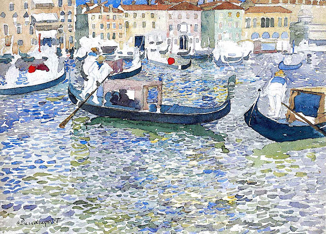 a Maurice Prendergast watercolor of gondolas with tendalin in Venice