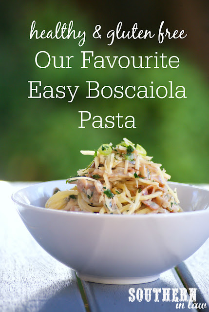 Healthy Easy Boscaiola Pasta Recipe Gluten Free  healthy, low fat, gluten free, high protein, clean eating, easy fettucine boscaiola recipe, ham, cheese, mushrooms, healthy italian recipes