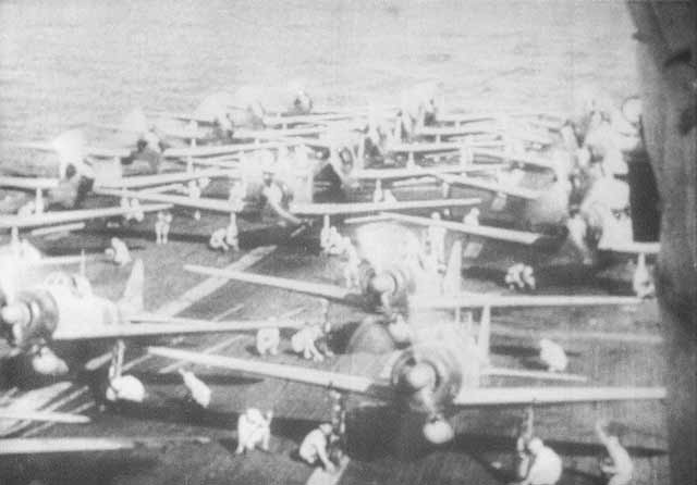 Aircraft ranged on Akagi's deck ready to strike at the heavy cruisers Cornwall and Dorsetshire, April 5, 1942. worldwartwo.filminspector.com