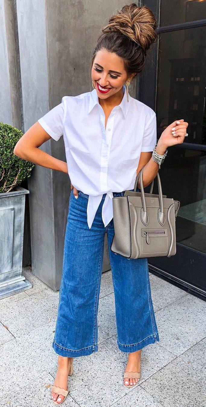 fashion trends / white shirt + wide jeans + grey bag + heels