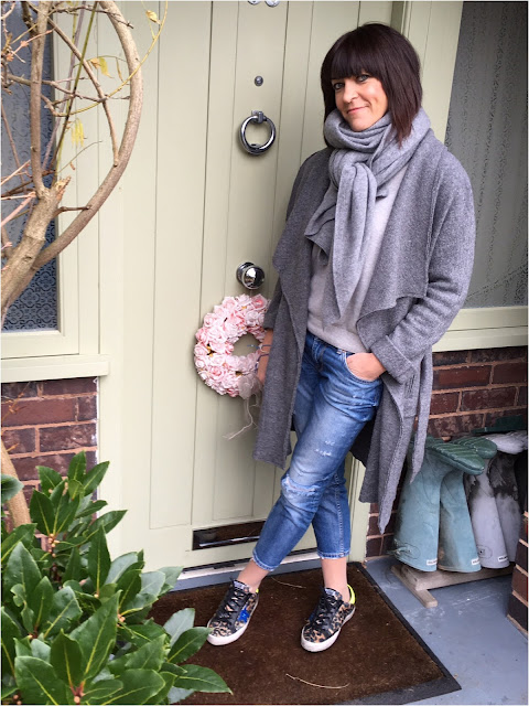 My Midlife Fashion, Zara Draped Wool Coat, Marks and Spencer pure cashmere crew neck jumper, zara cashmere scarf, zara distressed cigarette jeans, golden goose leopard print trainers