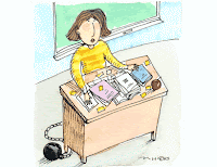 cartoon of woman chained to teacher desk stacked with papers