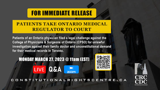 Canada Ontario medicine COVID privacy CPSO lawlessness lawsuit