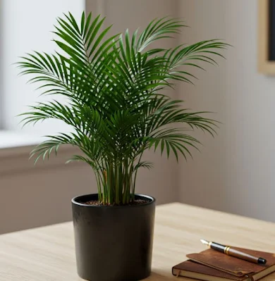 Black pot with a parlor palm on a desk, next to a notebook and pen with a blurred background