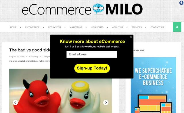 Pop-up layer at eCommerceMILO
