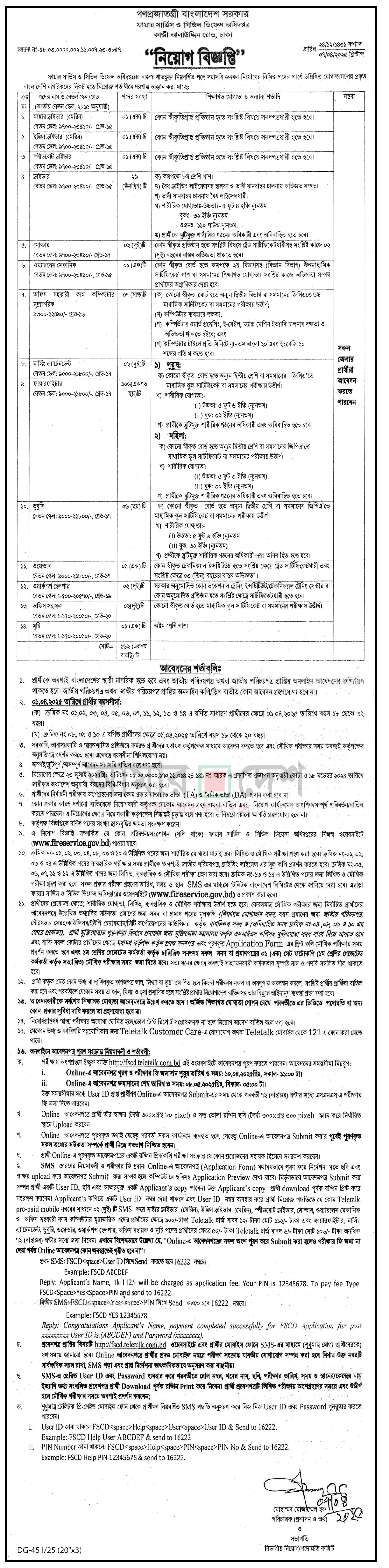 ফায়ার সার্ভিস ও সিভিল ডিফেন্স অধিদপ্তর নিয়োগ বিজ্ঞপ্তি ২০২৫