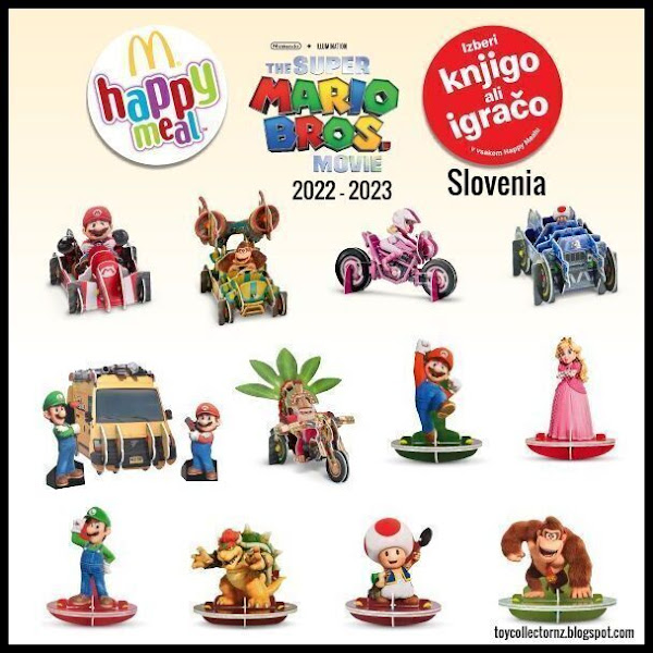 McDonalds Super Mario Bros Movie 2022-2023 Happy Meal Toys Slovenia Set of 12 Paper including Mario Kart, Mario and Luigi Van, Toad, Donkey Kong, Princess Peach, Princess Peach Bike, Luigi, Bowser, Donkey Kong Kart, Mario, Toad Kart, Cranky Kong Kart