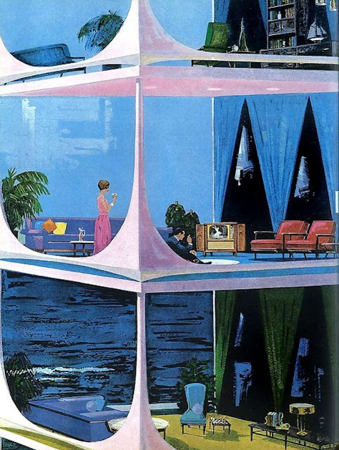 A retro futuristic view of houses and home life to the mid-century imagination.