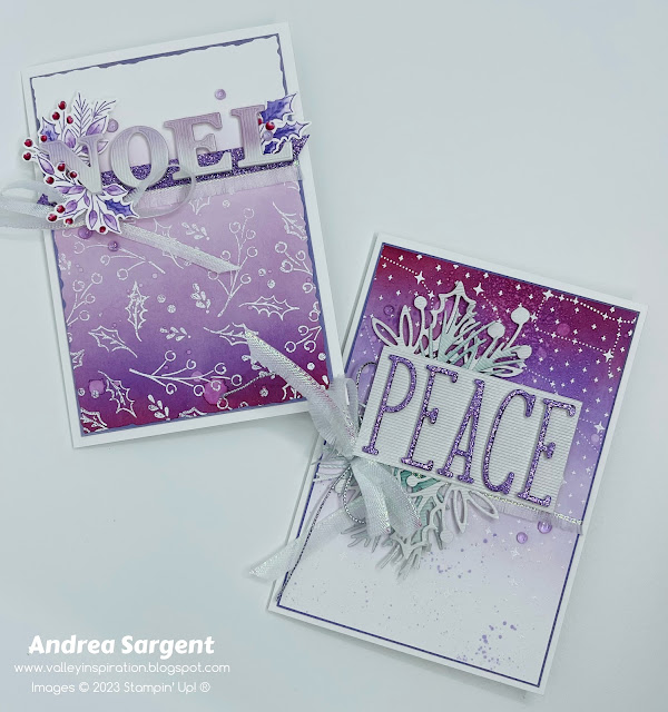 Why not try and alternative colour combo for some of your Christmas cards, featuring Highland Heather, Gorgeous Grape and Cherry Cobbler with the Joy of Noel Stampin Up bundle?