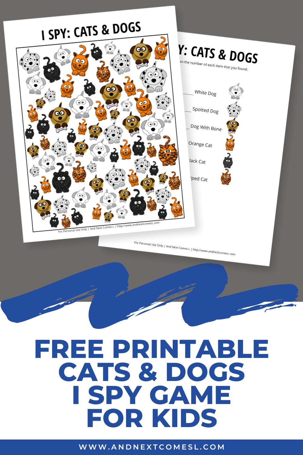 Free printable cats & dogs themed I spy game for kids
