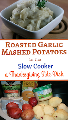 Garlic and potatoes roast at the same time in the slow cooker and then get mashed together with chicken broth to make a robust and flavorful mashed potato side dish. Definitely company worthy!