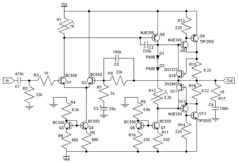 30W Class AB Amplifier Circuit With TIP3055/TIP2955