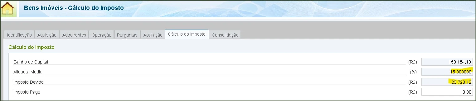 Imagem simulando ganho de capital na venda de imóvel sem atualizar o preço de mercado pela nova legislação