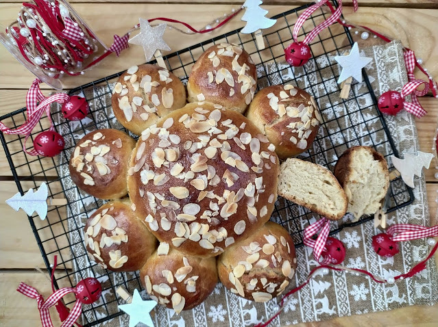 Dreikönigskuchen. Pan de Reyes. Pastel de Epifanía suizo.  Postre navideño. Masas. Desayuno, merienda, horno, almedra, Mercadona, Cuca