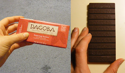 Dagoba Beaucoup Berries chocolate bar, wrapped and uwrapped