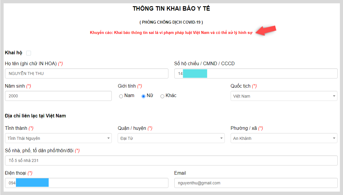 Điền thông tin khai báo y tế