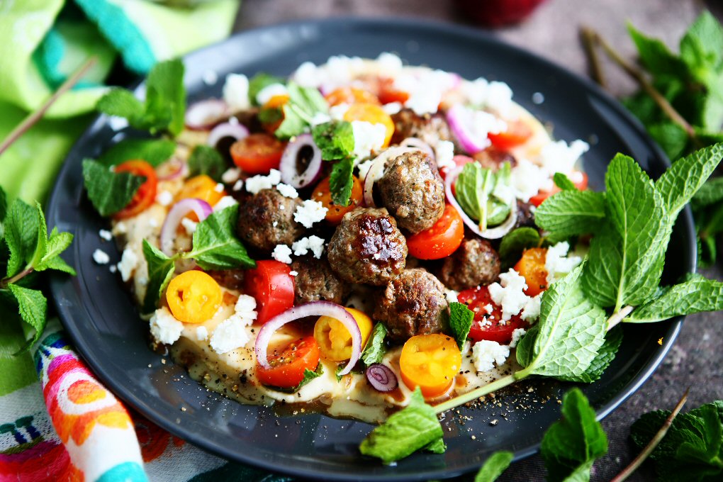 Minted Lamb and Feta Meatballs with Tomato Salad