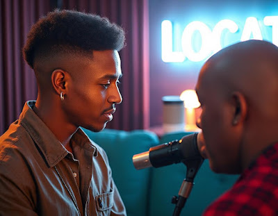 Black man inside podcast studio