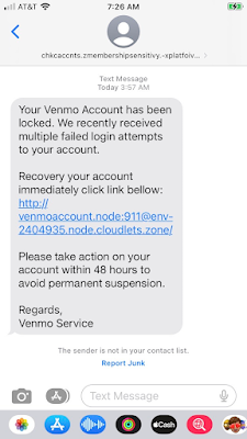 Text message I received at three fifty seven in the morning from chkcaccnts.zmembershipsensitivy.-explatfoiv… saying my Venmo Account has been locked and to click this totally legitimate link to avoid permanent suspension.