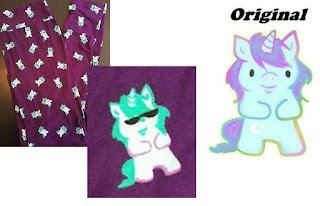 Picture of LLR leggings with a unicorn and memey sunglasses. Suspected original on the right.