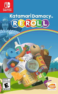 A small green man rolls a huge ball made of random objects across the ground with a rainbow in the background