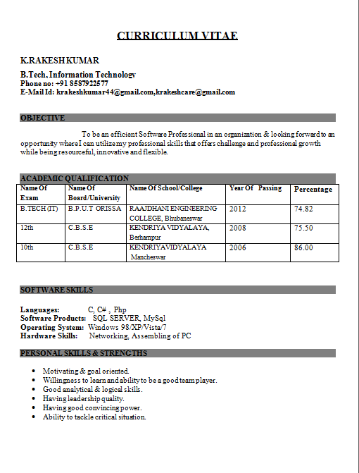 Resume Format Freshers Engineers Pdf Download