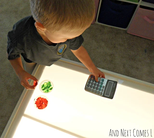 Apple counting activities for preschoolers and kindergarten kids on the light table