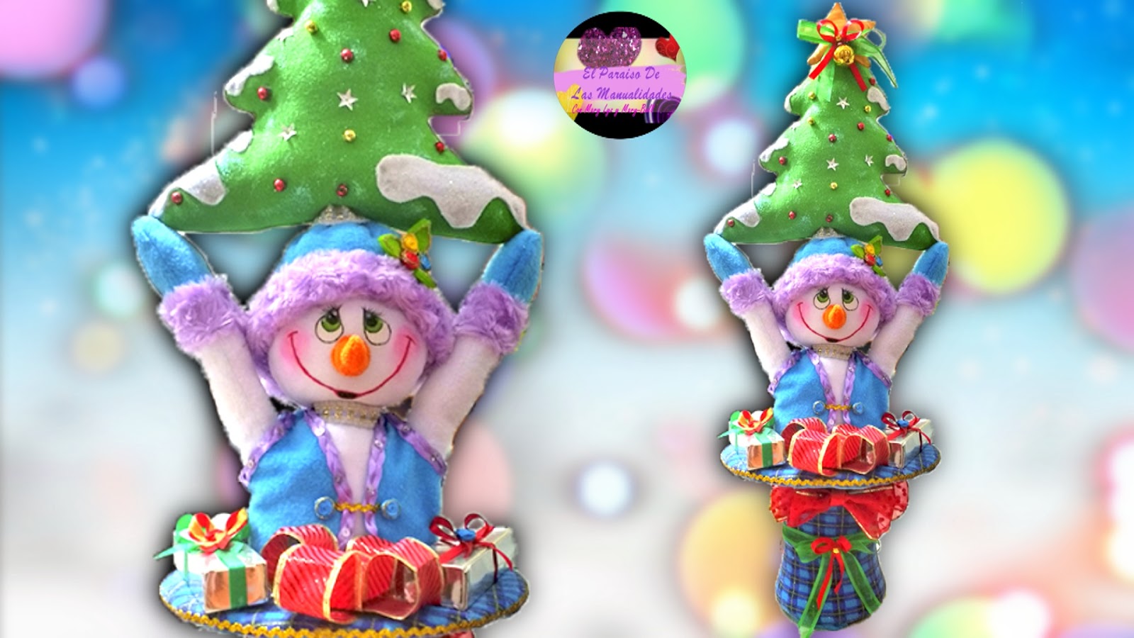 Muñeco de nieve dentro de un sombrero reciclado y árbol navideño en fieltro