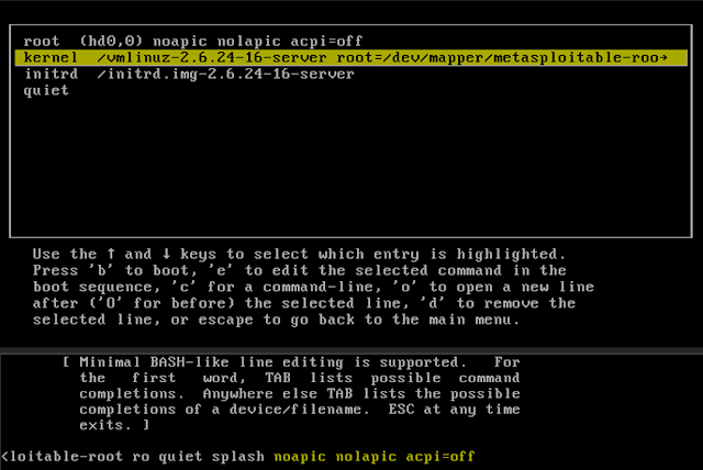 Image showing Metasploitable kernel settings.