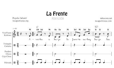 La frente Partitura de Xiolónfo y Pequeña Percusión (Pandero, Claves, Crótalos, Triángulo, Caja China...) o Pequeña Percusión (Palmas) y Flauta Violín Oboe