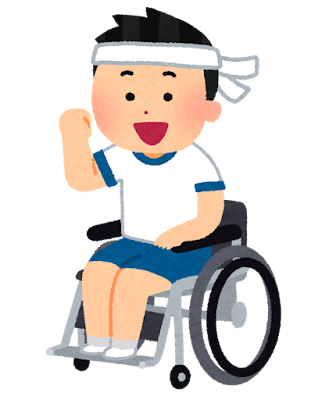 車椅子に乗って運動する人のイラスト（男の子）