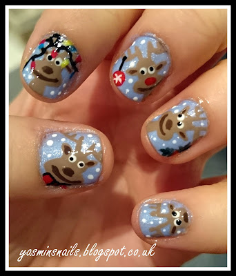 Christmas drunk reindeer nail art by yasminsnails featuring holly, snow, baubles, fairy lights, bow ties  