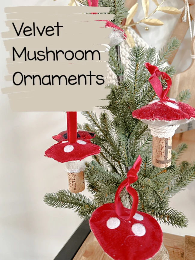 red velvet Christmas ornaments on tree