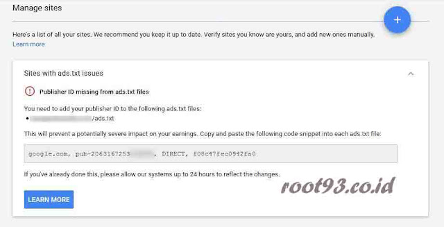  Peringatan Dari Google Adsense : Penghasilan Anda berisiko - Satu atau beberapa file ads.txt Anda tidak berisi ID penayang AdSense