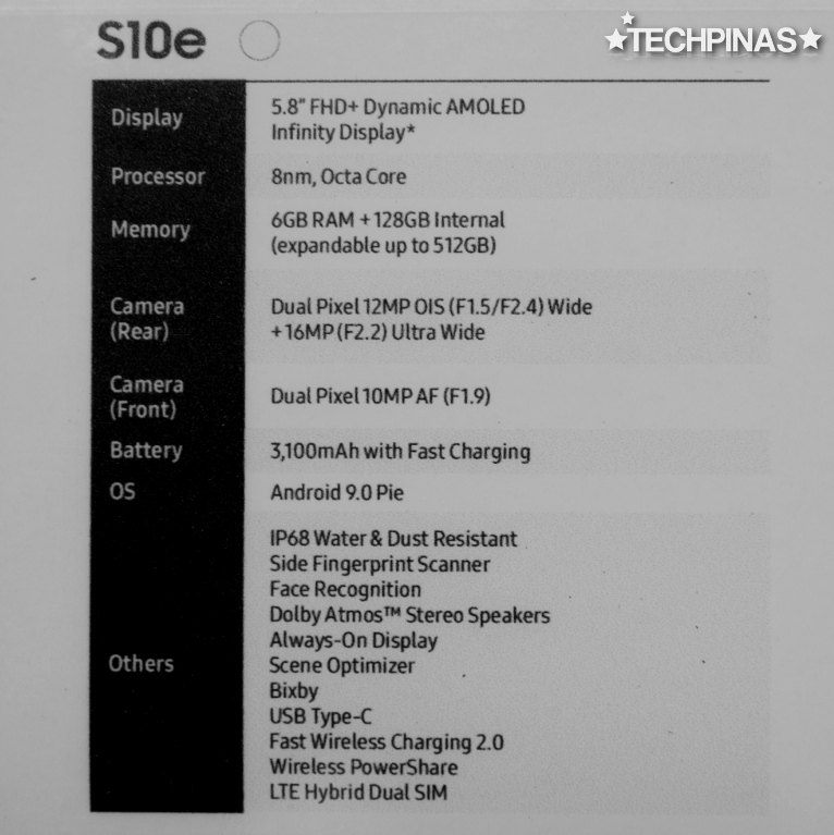 Samsung Galaxy S10e Specs