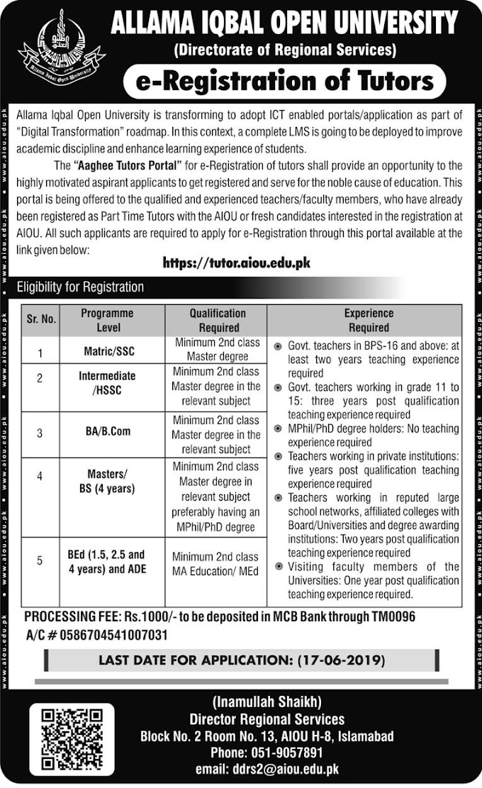 AIOU TUTOR SHIP JOBS 2019-20
