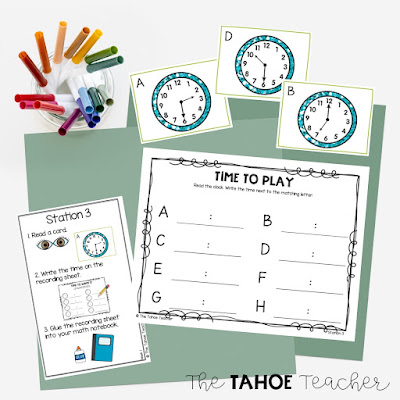 Telling time to the hour and half hour with first grade math centers