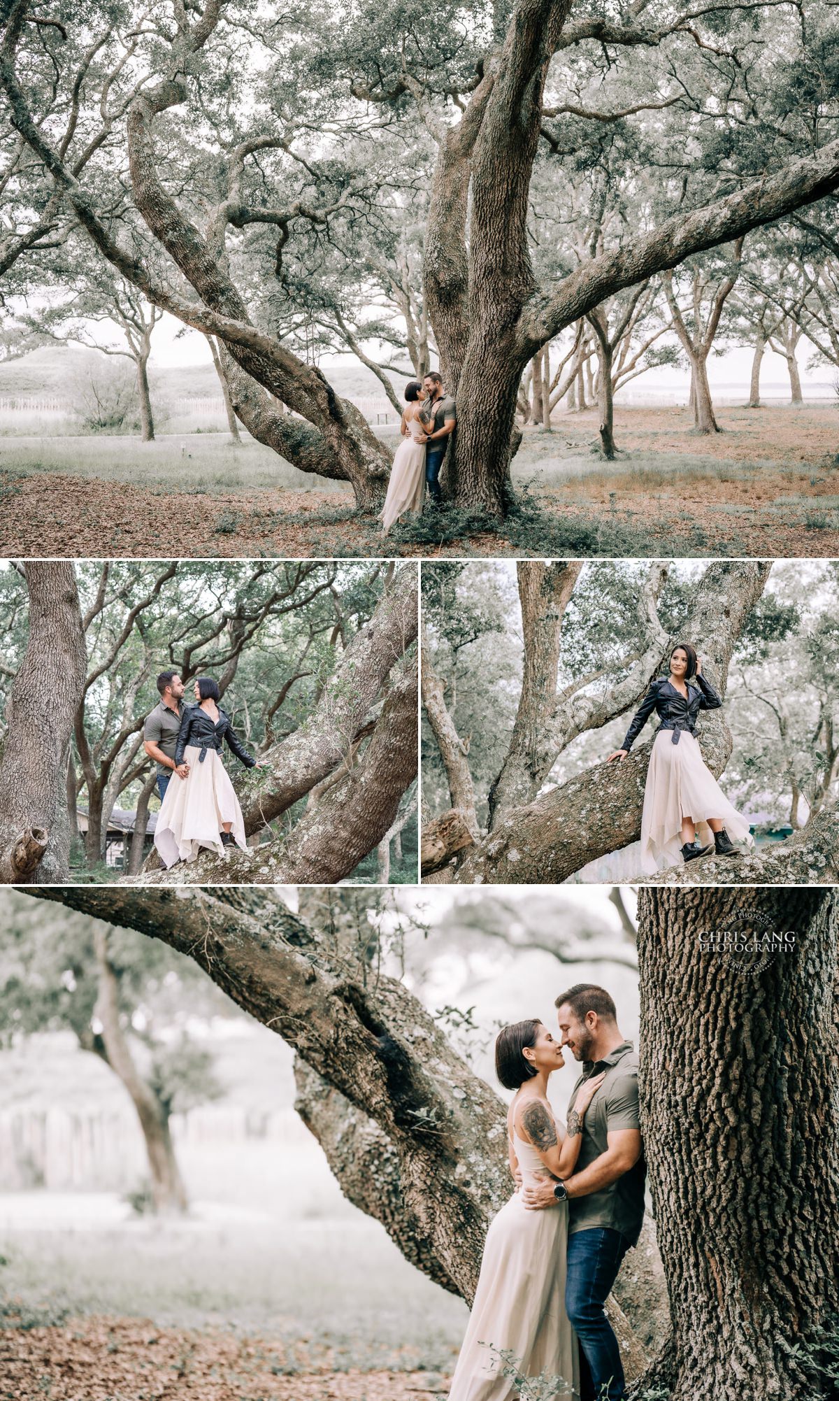 Photo of engaged couple  - oak trees - Fort Fisher - Engagement Photo -  Engagement Photography - Engagement Photography Ideas - Great Places for engagement  Photos - Chris Lang Photography -