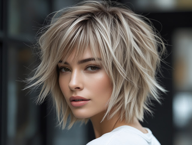 A woman with a modern shag haircut, a popular textured style for July 2025.