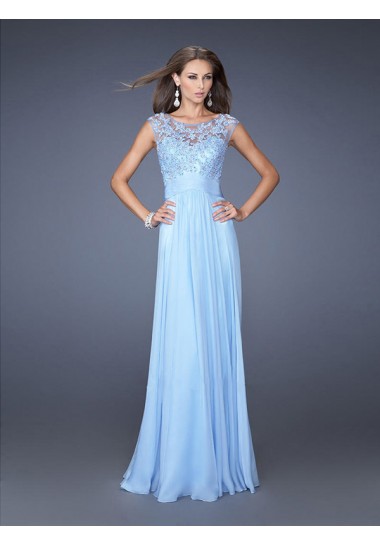 A-line Scoop Short Sleeve Chiffon Prom Dresses/Evening Dresses With Appliques