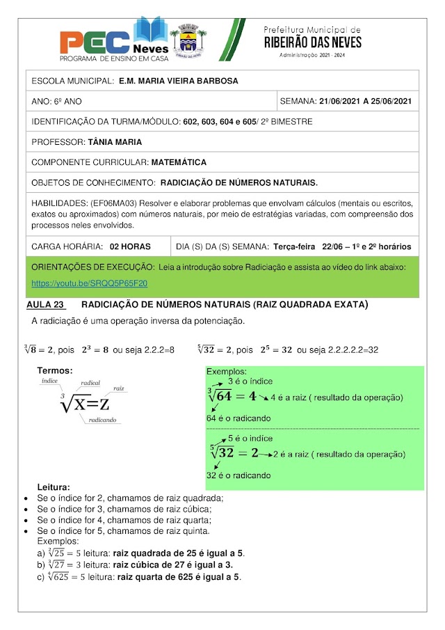 RAIZ QUADRADA DE NÚMEROS NATURAIS - PROF.ª TÂNIA MARIA