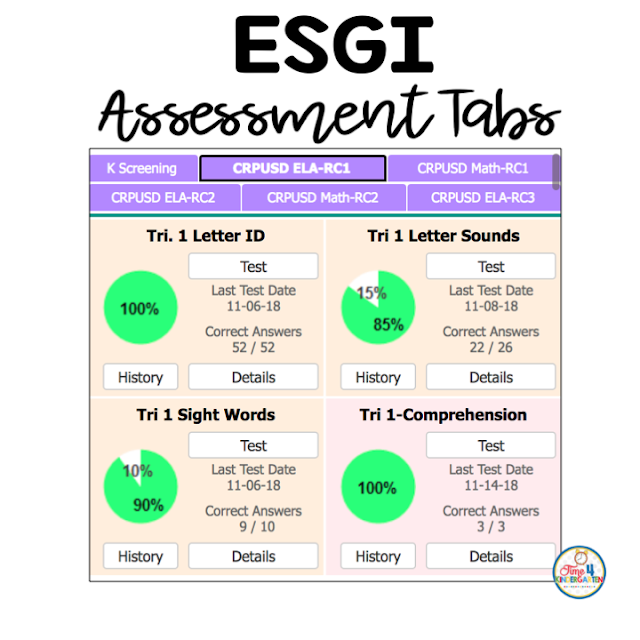 ESGI Tests This is where all the assessment tests are located.  Click the tab for assessments.  So easy to locate a test to see how a student is performing.  You can look at overall class percentages. or just one student.