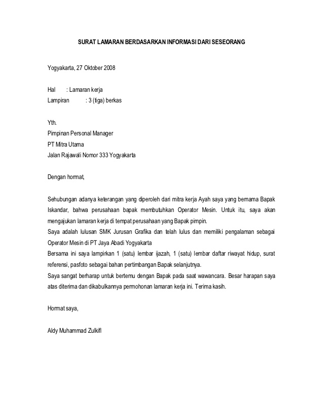 Surat Lamaran Kerja Berdasarkan Informasi Dari Seseorang ...