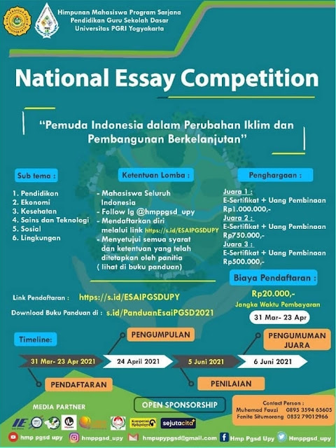 National Essay Competition)dengan mengusung tema... 📄 *"Pemuda Indonesia dalam Perubahan Iklim dan Pembangunan Berkelanjutan"