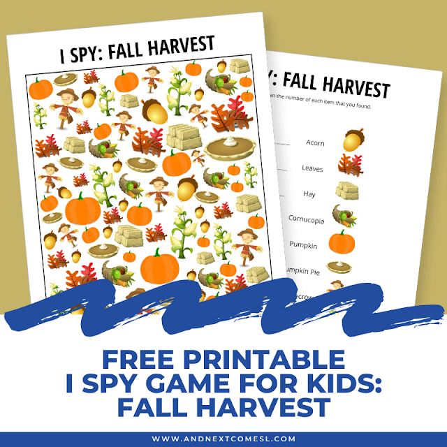 Free printable fall harvest themed I spy game for kids