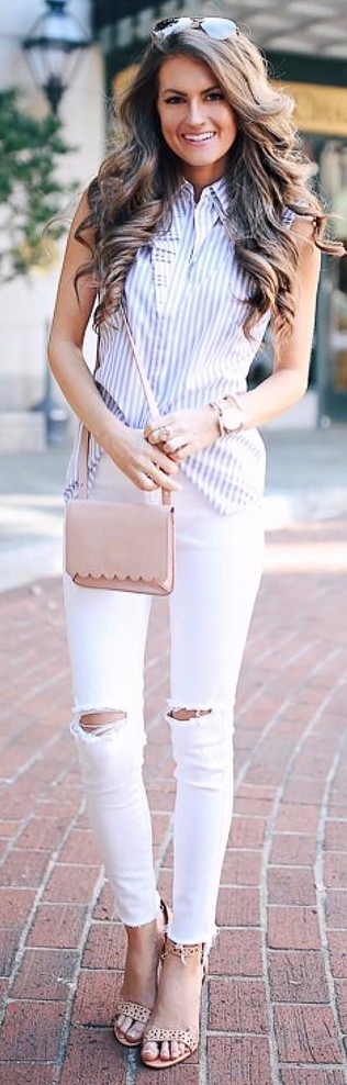 neutral shades outfit: stripes + rips 