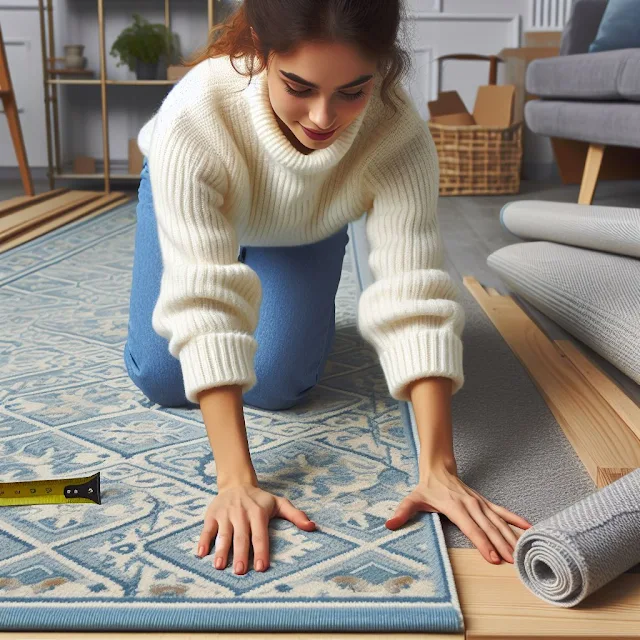 a person carefully positioning and aligning a carpet in a guest room