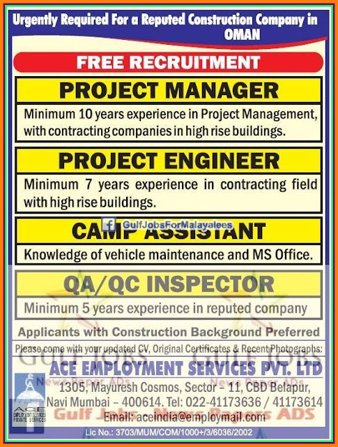 reputed construction company jobs for Oman - Free Recruitment