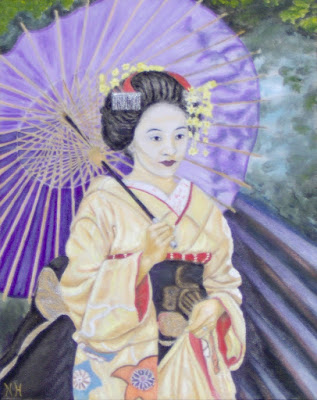 This is the two slit experiment using a Geisha Girl and sunlight (oil on 