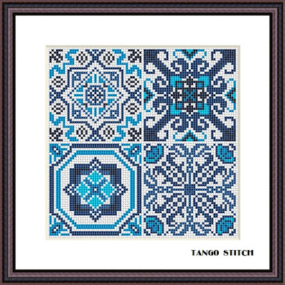 White blue ceramic tile ornaments cross stitch pattern - Tango Stitch